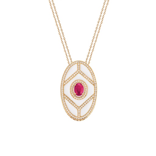 [RG.SL04WR1RK] Rose Gold Shield Pendant - Emerald with White Enamel and Ruby