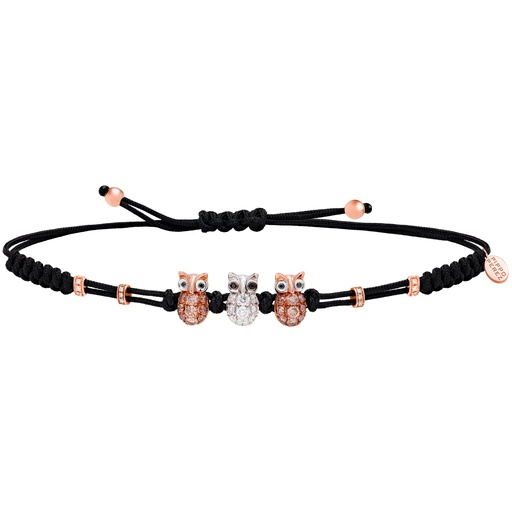 [B114DBD.S3#484] Rose Gold & Brown Diamonds 3 Owls Cord Bracelet