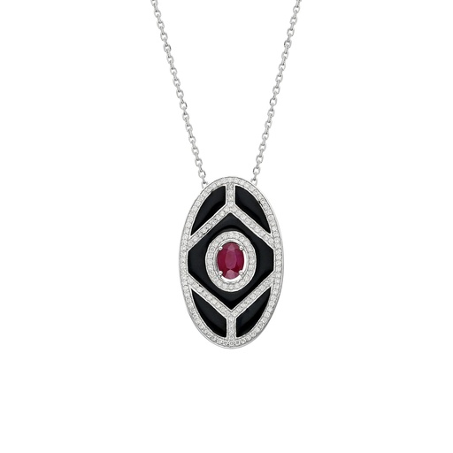 [WG.SHIELD] White Gold Shield Pendant - Ruby with Black Enamel