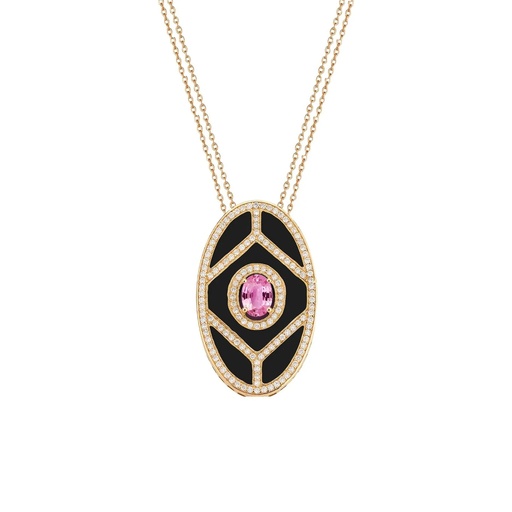 [YG.SL04LP1RK] Yellow Gold Shield Pendant - Pink Sapphire with Black Enamel