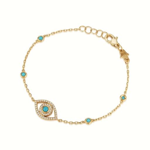 [BME2BRTT] Yellow Gold Mini Eye Bracelet in White Diamonds single chain Turquoise