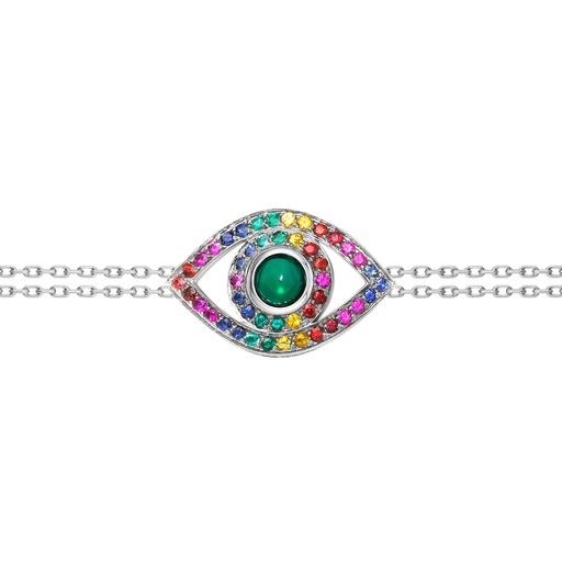 [BBE1ARC] White Gold Eye Bracelet on a Double Chain Colored Gemstones