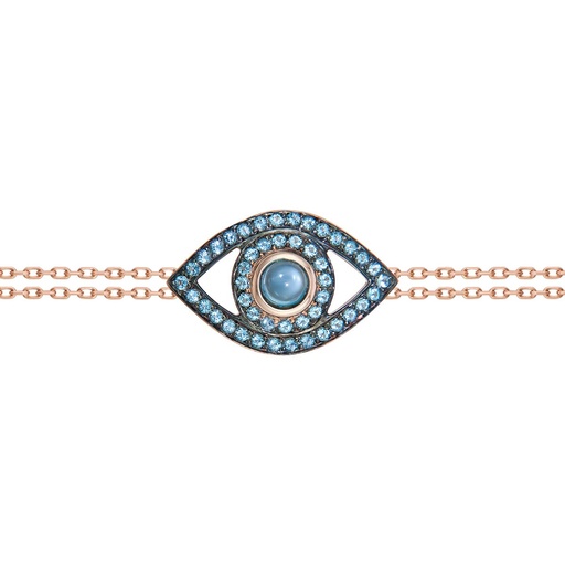 [BBE3TOP] Rose Gold Eye Bracelet on a Double Chain Blue Topaz