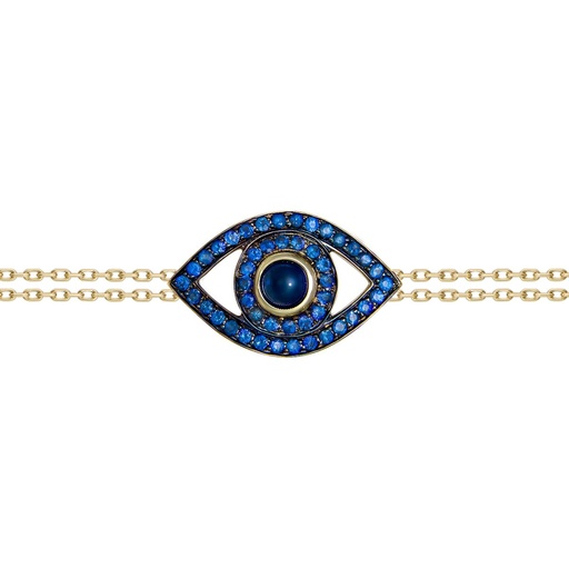 [BBE2ZB] Yellow Gold Eye Bracelet on a Double Chain Blue Sapphire