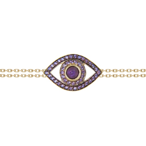 [BBE3AME] Yellow Gold Eye Bracelet on a Double Chain Amethyst