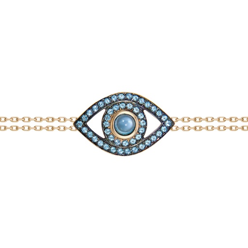 [BBE2TOP] Yellow Gold Eye Bracelet on a Double Chain Blue Topaz