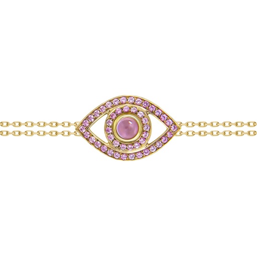 [BBE2ZR] Yellow Gold Eye Bracelet on a Double Chain Pink Sapphire
