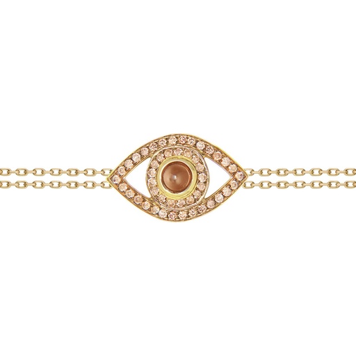 [BBE2BRM] Yellow Gold Eye Bracelet on a Double Chain Brown Diamond