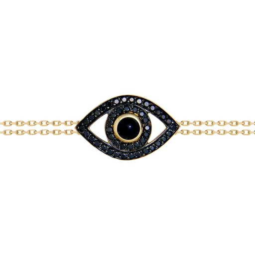 [BBE2BRN] Yellow Gold Eye Bracelet on a Double Chain Black Diamond