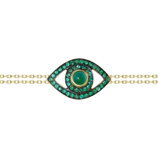 [BBE2SME] Yellow Gold Eye Bracelet on a Double Chain Emerald