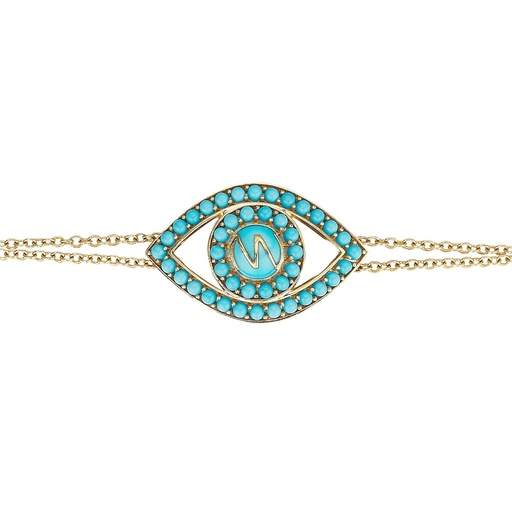 [BBE2TUR_NN] Yellow Gold Capri Eye Bracelet on a Double Chain Turquoise