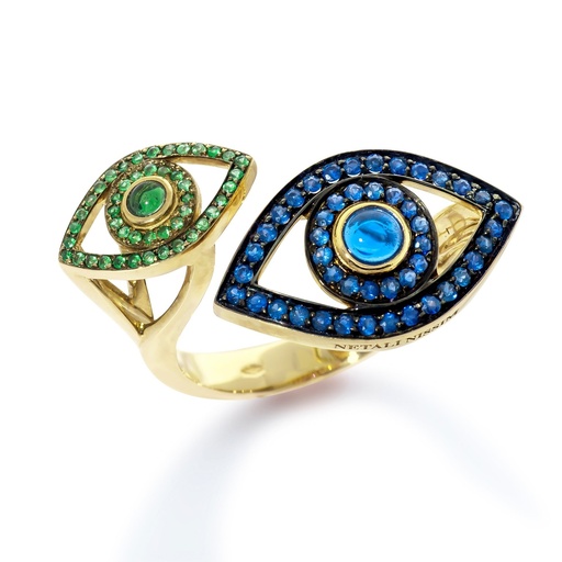 [A2E2ZB/ZA] Yellow Gold Double Eye Ring - Blue Sapphires Tsavorite