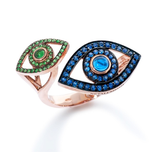 [A2E3ZB/ZA] Rose Gold Double Eye Ring - Blue Sapphires Tsavorite