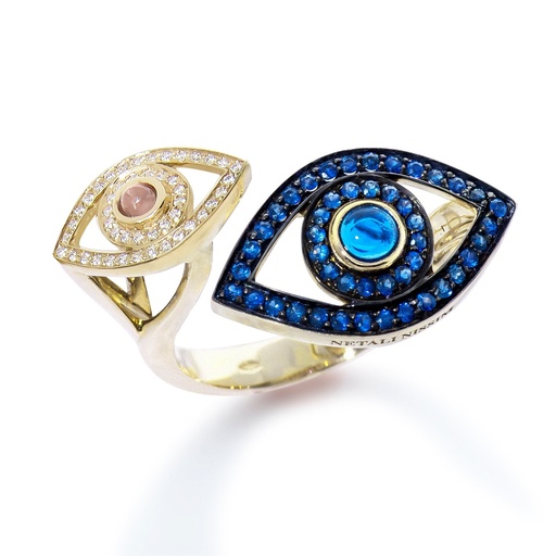 [A2E2ZB/BR] Yellow Gold Double Eye Ring - Blue Sapphires