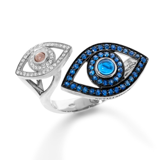 [A2E1ZB/BR] White Gold Double Eye Ring - Blue Sapphires