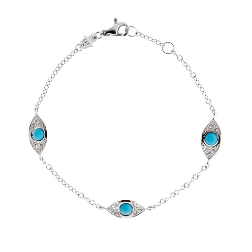 [BBR31] White Gold Three Eyes Double Side Pav Diamonds Bracelet Turquoise