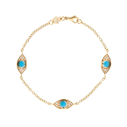 [BBR32] Yellow Gold Three Eyes Double Side Pav Diamonds Bracelet Turquoise