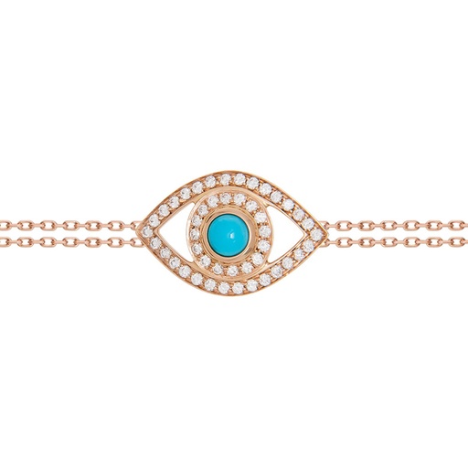 [BBE3BRT] Rose Gold Eye Bracelet in White Diamonds on a Double Chain Turquoise