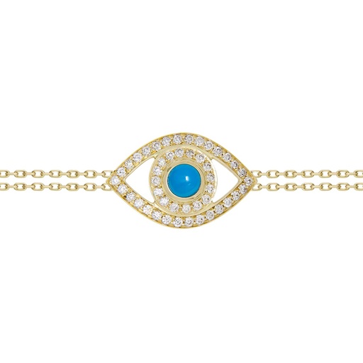 [BBE2BRT] Yellow Gold Eye Bracelet in White Diamonds on a Double Chain Turquoise