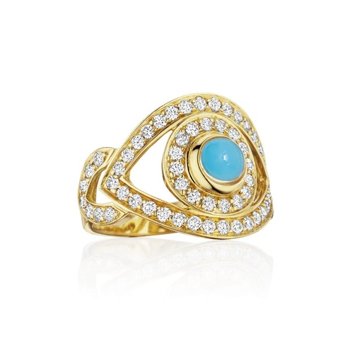 [ABE2BRT] Yellow Gold Eye Ring in White Diamonds Turquoise