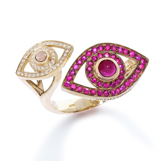 [A2E2RUB/BR] Yellow Gold Double Eye Ring with Colored Stones and diamonds Ruby