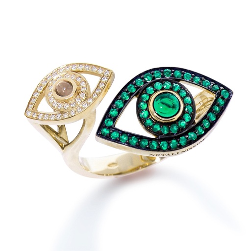 [A2E2SME/BR] Yellow Gold Double Eye Ring with Colored Stones and diamonds Emerald
