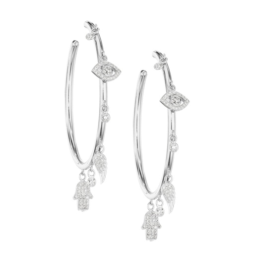 [OCH1BR] White Gold Multi Charms Hoop Earrings White Diamond