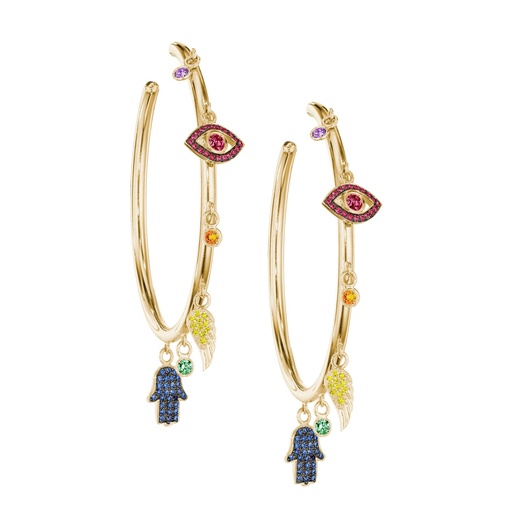 [OCH2ARC] Yellow Gold Multi Charms Hoop Earrings Colored Gemstones