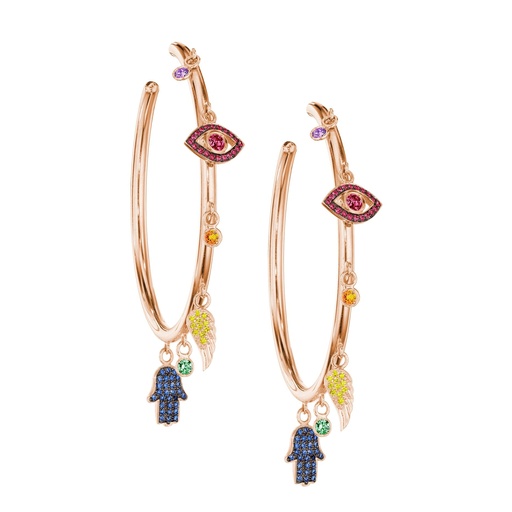 [OCH3ARC] Rose Gold Multi Charms Hoop Earrings Colored Gemstones