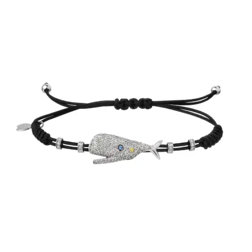 [B197DG] White Gold Whale Cord Bracelet Blue Sapphire Grey Diamond