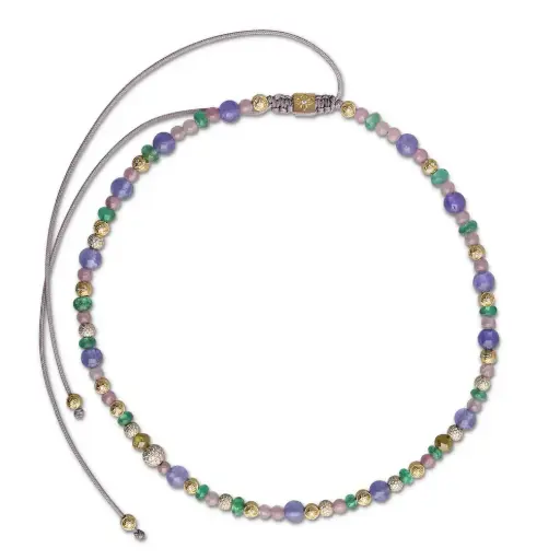 [D245803] Shamballa Jewels - Yellow Gold White Diamond, Emerald, Tanzanite & Pink Sapphire Multisize Non-Braided Necklace