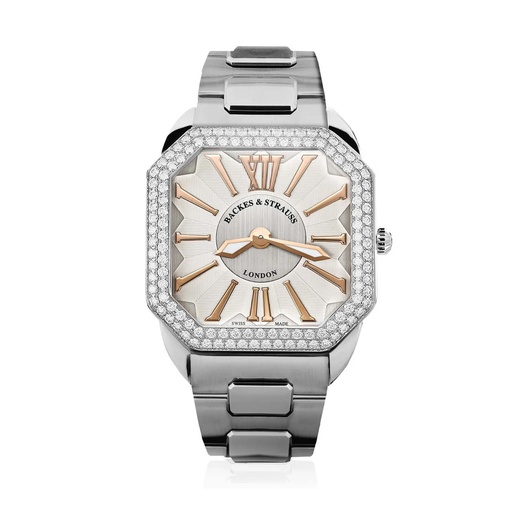 [W1.AM.D2R.ST.SP.WRR] Berkeley W1 Stainless Steel Watch White Dial With Rose Roman Numerals Diamond Bezel