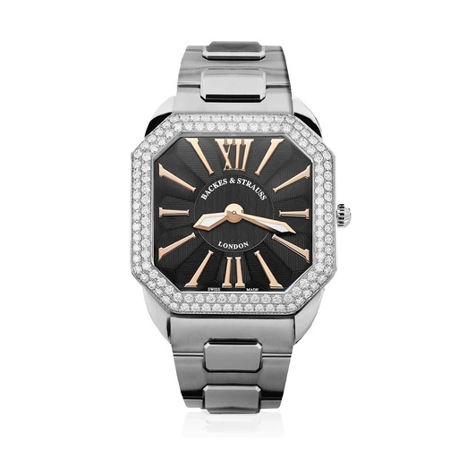 [W1.AM.D2R.ST.SP.BRR] Berkeley W1 Stainless Steel Watch Black Dial With Rose Roman Numerals Diamond Bezel