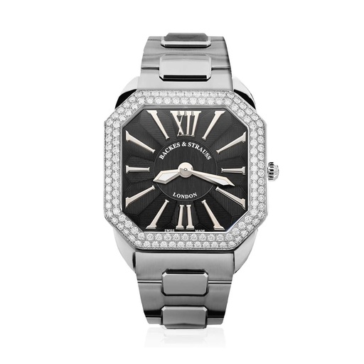 [W1.AM.D2R.ST.SP.BWR] Berkeley W1 Stainless Steel Watch Black Dial With White Roman Numerals Diamond Bezel