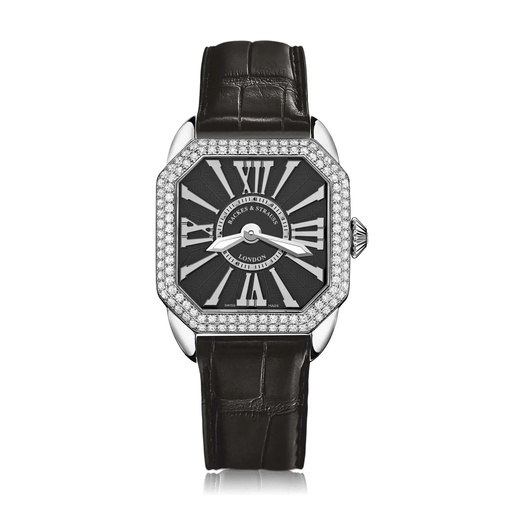 [BY29QZD2R.ST.SP.BWR] Berkeley 29 Stainless Steel Watch Black Dial With White Roman Markers Diamond Bezel