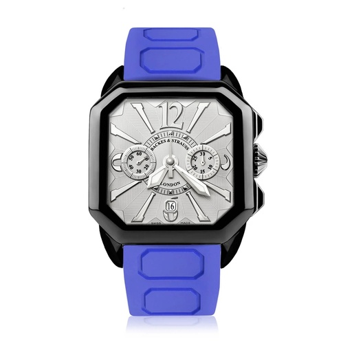 [BY43CC.STEEL.BK.CC.WWA.RUB.BLRO] Berkeley Black Steel Watch White Chronograph Dial With Royal Blue Rubber Strap Markers