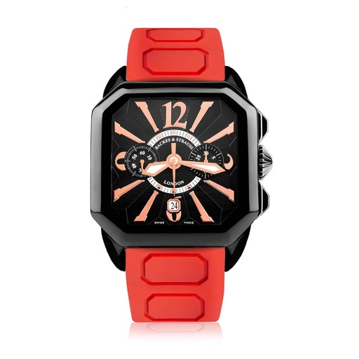 [BY43CC.STEEL.BK.CC.BRA.RUB.RED] Berkeley Black Steel Watch Black Chronograph Dial With Red Rubber Strap Markers