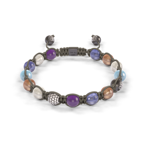 [D253517] Shamballa Jewels - Black Gold & White Gold Tanzanite, Aquamarine, Malachite, Grey Moonstone, Amethyst, Brown Moonstone & Yellow Diamond 8mm Braided Bracelet