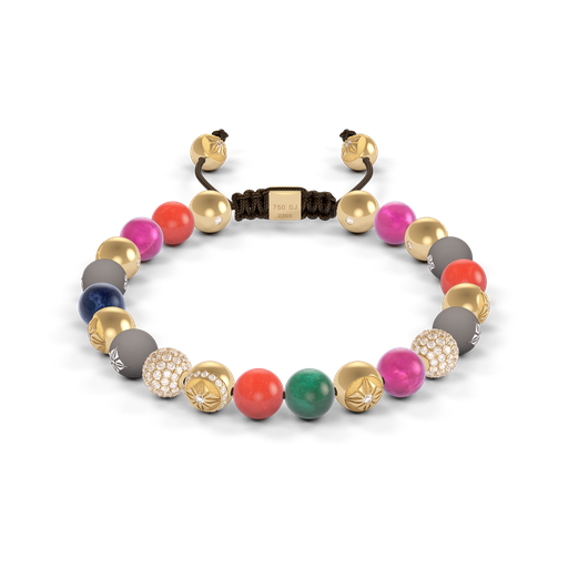 [D252551] Shamballa Jewels - Yellow Gold White Diamond, Emerald, Coral, Pink Greenland Sapphire, Turquoise, Blue Sapphire & Yellow Opal 8mm Non-Braided Bracelet