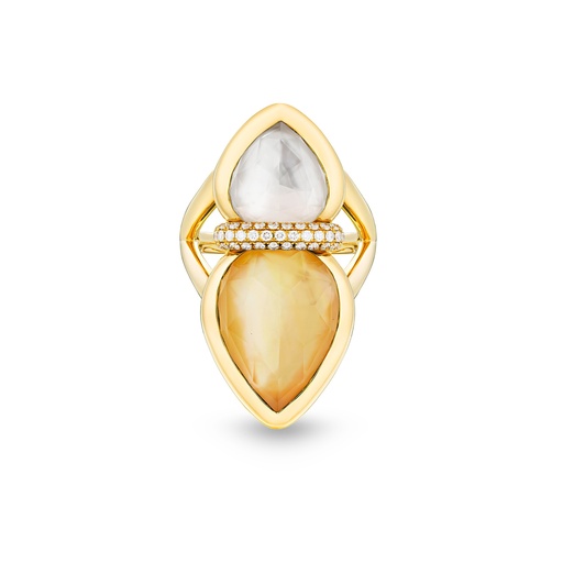 [Amrita Lotus Duplet Ring In Mother Of Pearl, Citrine And White Quartz#8074] Amrita Lotus Duplet Ring In Mother Of Pearl, Citrine And White Quartz