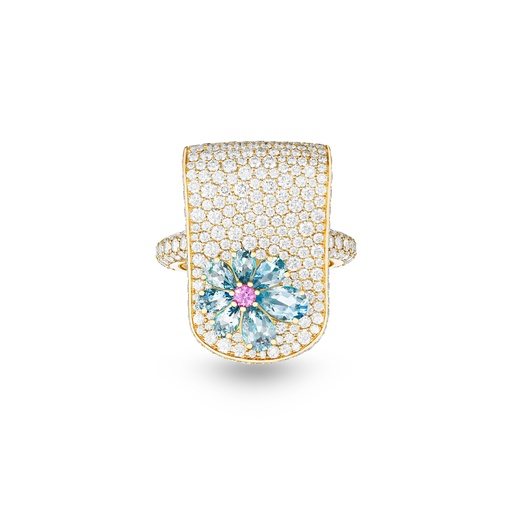 [Eden Diamond Ring With Aquamarine And Pink Sapphire Flower#8331] Eden Diamond Ring With Aquamarine And Pink Sapphire Flower