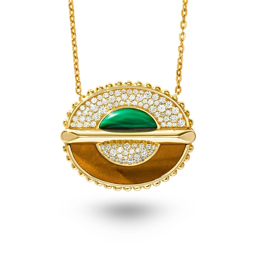 [AN045A-TGMLYG-MR#8363] As Above So Below Necklace In Malachite, Tiger'S Eyes And Diamonds