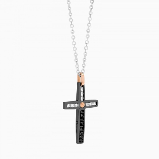 [EC522-BN#9121] Zancan Black Gold Necklace With Cross And Diamonds