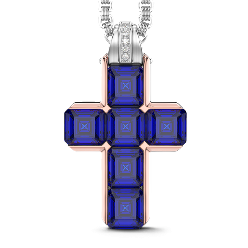 [EC956#9498] Zancan 18K Gold Cross Pendant Necklace With Blue Sapphires