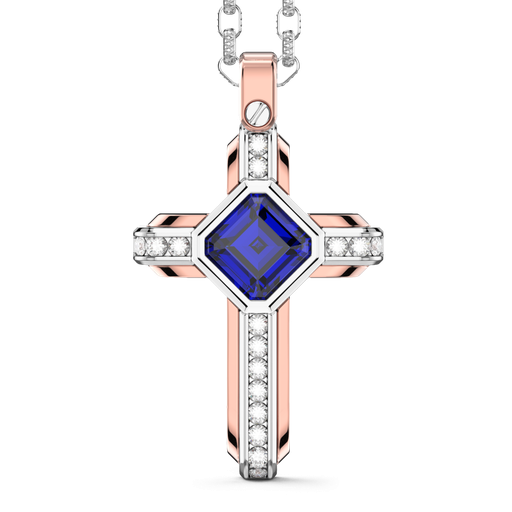 [UC104#9500] Zancan 18K Gold Necklace With Blue Sapphire And Diamond Cross Pendant