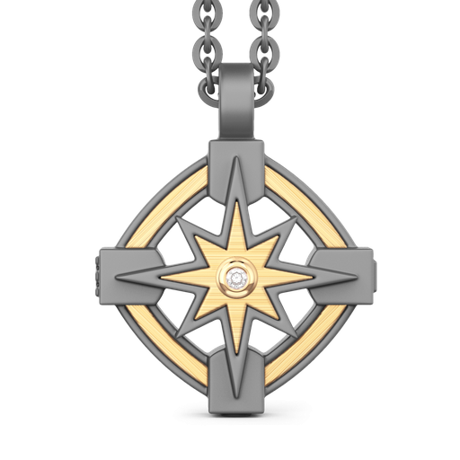 [ETC203#9976] Zancan Necklace In Titanium And 18Kt Gold With Wind Rose And Diamond
